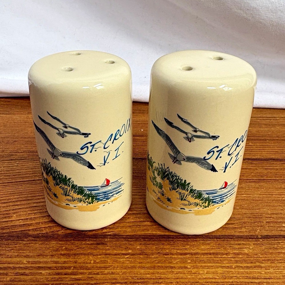 Vintage St. Croix V.I. Ceramic Salt & Pepper Shakers Set, Scenic Beach Glossy 3"